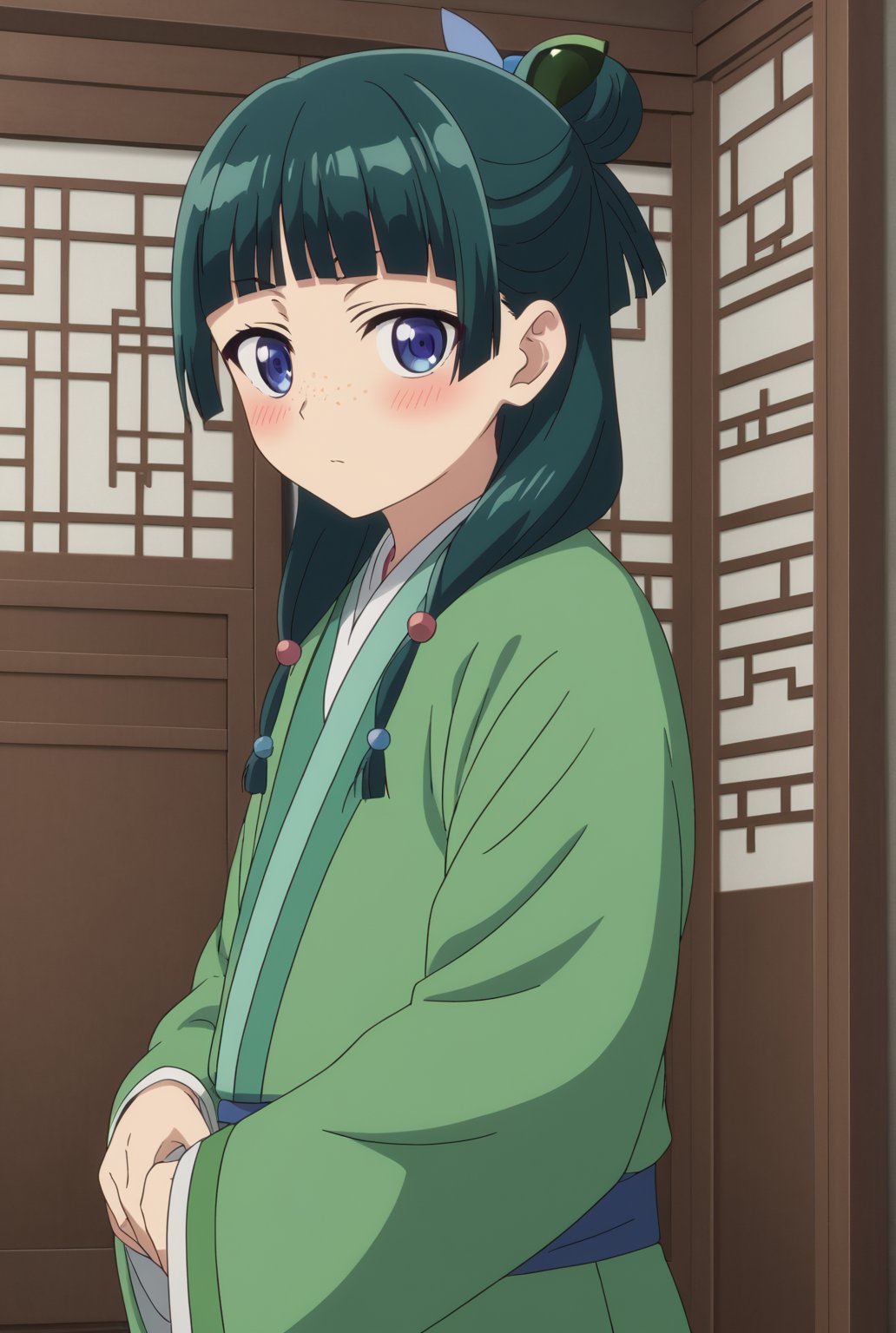 source_anime, ((masterpiece, best quality)), (hyper detailed, detailed background), 1girl, solo, maomao, long hair, bangs, blue eyes, hair ornament, green hair, blunt bangs, freckles, hair bun, single hair bun, japanese clothes, indoors, on side, looking at viewer, cowboy shot, dutch angle, blush