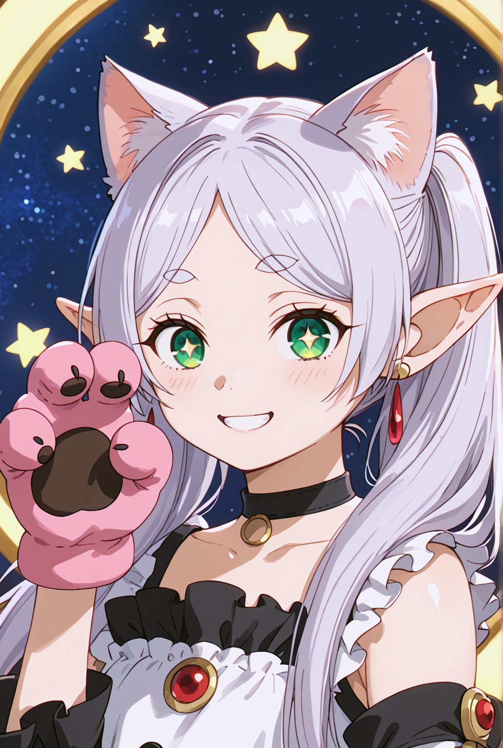 score_9, score_8_up, score_7_up, FrierenSSnF, ((masterpiece, best quality)), (hyper detailed), 1girl, solo, grey hair, long hair, green eyes, (droopy eyes:1.4), (big eyes:1.4), twintails, parted bangs, earrings, pointy ears, cat ears, cat gloves, black frilled dress, choker, cute expression, sparkle, sparkle background, sparkling eyes, star (symbol), looking at viewer, playful pose, blush, smiling, paw gesture, anime style, cat theme, detailed hair, detailed eyes, fantasy, light background, anime screencap, score_anime, (high quality, detailed, beautiful), shiny, detailed beautiful eyes, outstanding, countershading, detailed soft lighting, excited, (cowboy shot:1.4)
