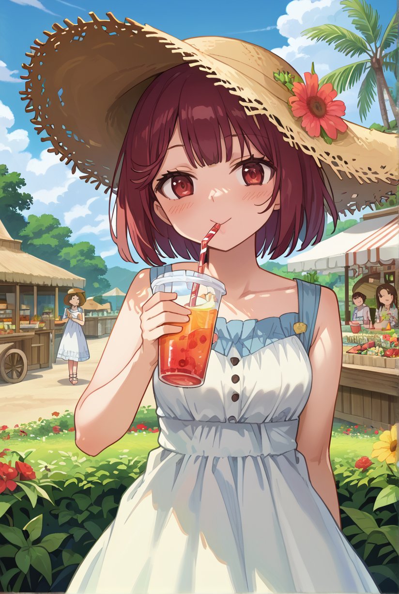 score_9, 1girl, sophieatelier, ((masterpiece, best quality)), (hyper detailed, detailed background), expressive eyes, perfect face, sundress, outdoor, straw hat, drinking, (strawberry:0.5), drinking straw, blush,anime screencap,score_anime, look at viewer, (cowboy_shot:1.2), short hair, blush, happy, bright tone