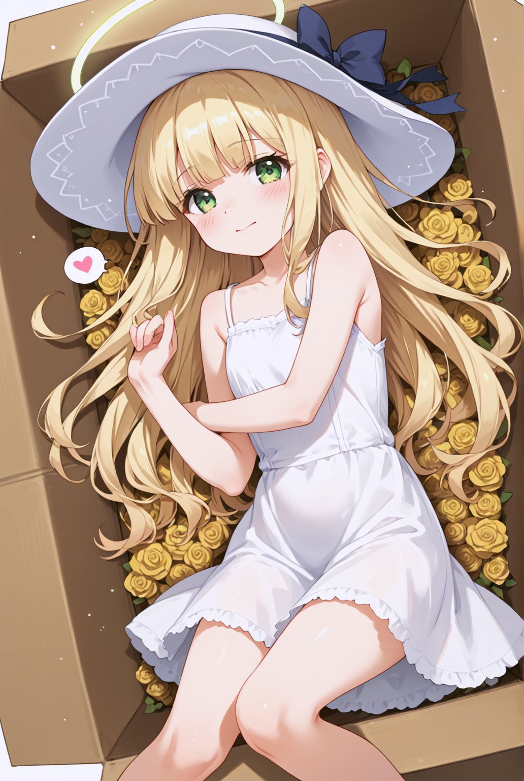 score_9, score_8_up, score_7_up, score_6_up, score_5_up, score_4_up, source_anime, 1girl, solo, lying on her side, long blonde hair, green eyes, halo, hat, shy expression, sundress, legs folded, curled up pose, lying in a coffin-like box, (in a box:1.4), comfortable but slightly playful atmosphere, sparkling particles, glowing light effects, magical atmosphere, fairy-like surroundings, furuderika_pony, indoor background, blush, happy, shy, spoken heart, beautiful finger