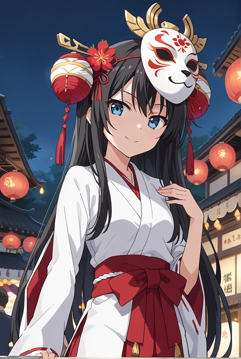 score_9, source_anime, anime screencap, anime coloring, BREAK1girl, solo, shiyukino, long hair, black hair, blue eyes, traditional miko attire, wearing a festival mask on her head, standing at a festival stall, glowing lanterns in the background, a slight smile on her face, holding a festival snack in one hand, beautiful_female_fingers, white haori and red hakama, serene festival atmosphere, (close up face:1.4)
