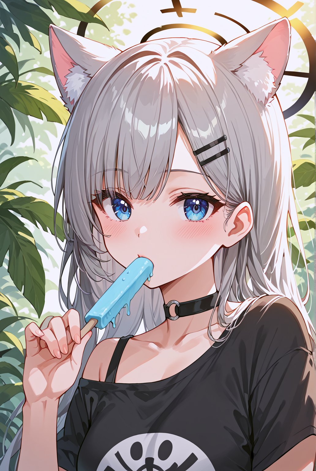 score_9, score_8_up, score_7_up, score_6_up, score_5_up, score_4_up,
((masterpiece, best quality)), (hyper detailed), 1girl, BLUE EYES, GREY HAIR, HAIRCLIP, LONG HAIR, ANIMAL EARS, HALO, wearing black off-shoulder t-shirt, choker, blue popsicle, holding popsicle in mouth, relaxed expression, minimal background, upper body focus, close-up, detailed hair, detailed face, cool tones, casual outfit, slight blush, summer vibe, soft lighting,source_anime,BREAK, (look at viewer:1.4)