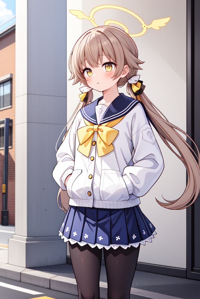 1girl, solo, (masterpiece, best quality), outdoors, street, blush, thighs, hifumi, yellow eyes, light brown hair, bangs, long hair, low twintails, tied, hair ribbon, halo, school uniform, long sleeves, sailor collar, yellow ribbon, bow, blue skirt, pleated skirt, frilled skirt, frills, black pantyhose, standing, long sleeves, hands on pocket,hifumi (blue archive)