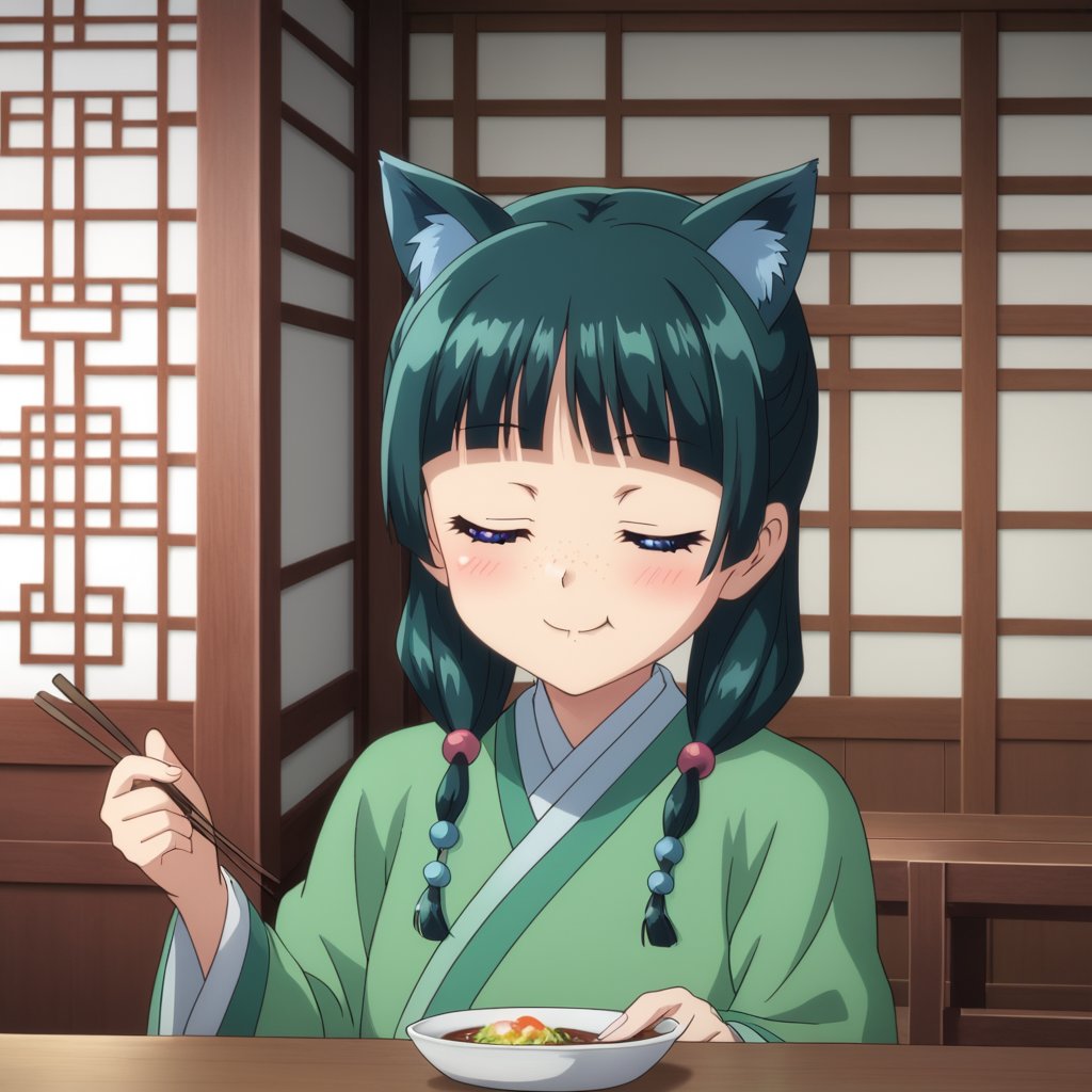 1girl, maomao, ((masterpiece, best quality)), (hyper detailed, detailed background), solo, green hair, long hair, blue eyes, maomao, animal ears, blunt bangs, shaded face, freckles, light green hanfu, default clothes, chinese clothes, long sleeves, default hairstyle, hair ribbon, blue ribbon, sidelocks, hair beads, hair over shoulder, low twintails, anime, (high quality, detailed, beautiful), shiny, detailed beautiful eyes, outstanding, countershading, detailed soft lighting, closed eyes, smiling, eating with chopsticks, calm expression, seated in traditional Chinese room, wooden table, background with sliding doors and traditional curtains, warm lighting, peaceful atmosphere, lightly blushed cheeks, holding chopsticks close to mouth, mid-bite, slightly tilted head