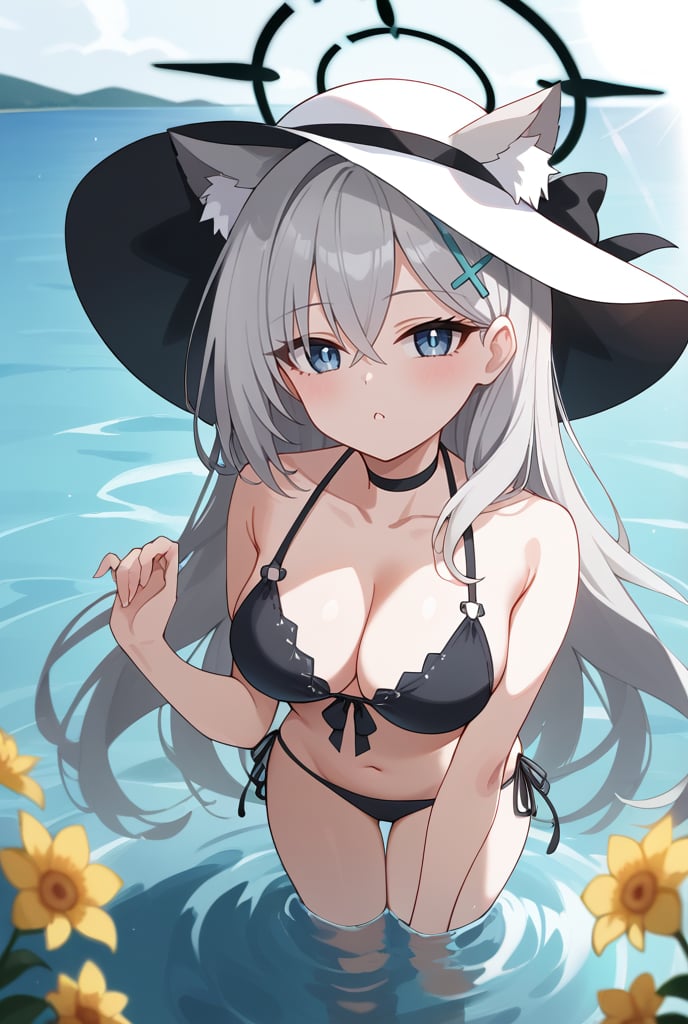 BLUE EYES, GREY HAIR, HAIRCLIP, LONG HAIR, ANIMAL EARS, HALO, BLACK CHOKER, 1girl, Black bikini, Sun hat, Flower on hat, Long silver hair, Cat ears, Halo, Hairclip, In water, Sunlight reflection, Hand on hat, Looking up, Water background, Sunny day,shiroko terror \(blue archive\)