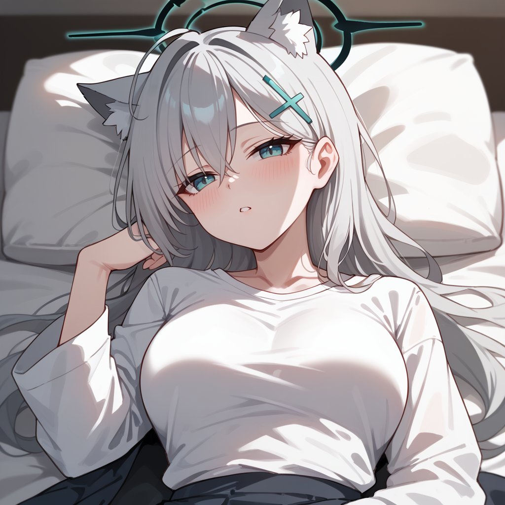 1girl, Lying on bed, White shirt, Blushing, Long silver hair, Cat ears, Halo, Hairclip, Looking at viewer, Bedroom background,shiroko terror \(blue archive\),score_9, score_8_up, score_7_up, score_6_up, score_5_up, score_4_up,