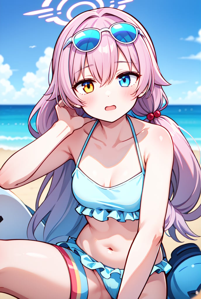 1girl, shoshino, halo, low twintails, eyewear on head, bikini,head rest, amber-half-eye, blue-half-eye