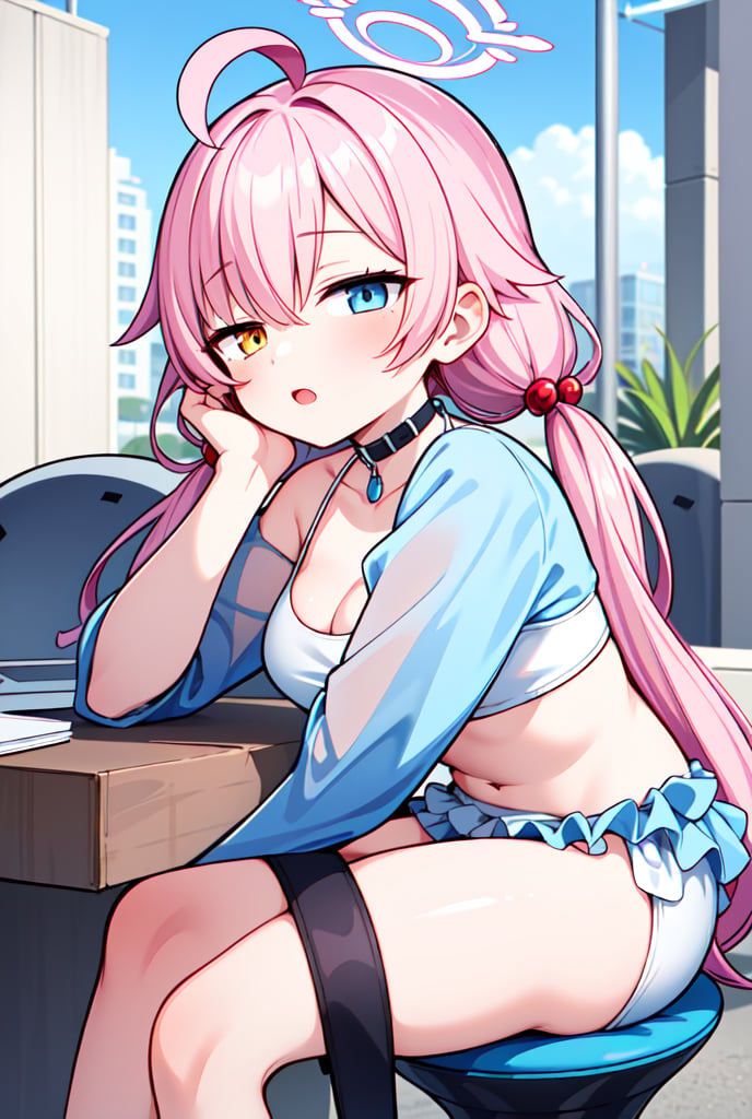 1girl, shoshino, halo, low twintails, eyewear on head, bikini,head rest,  amber-half-eye, blue-half-eye, pink hair, heavy-lidded eyes