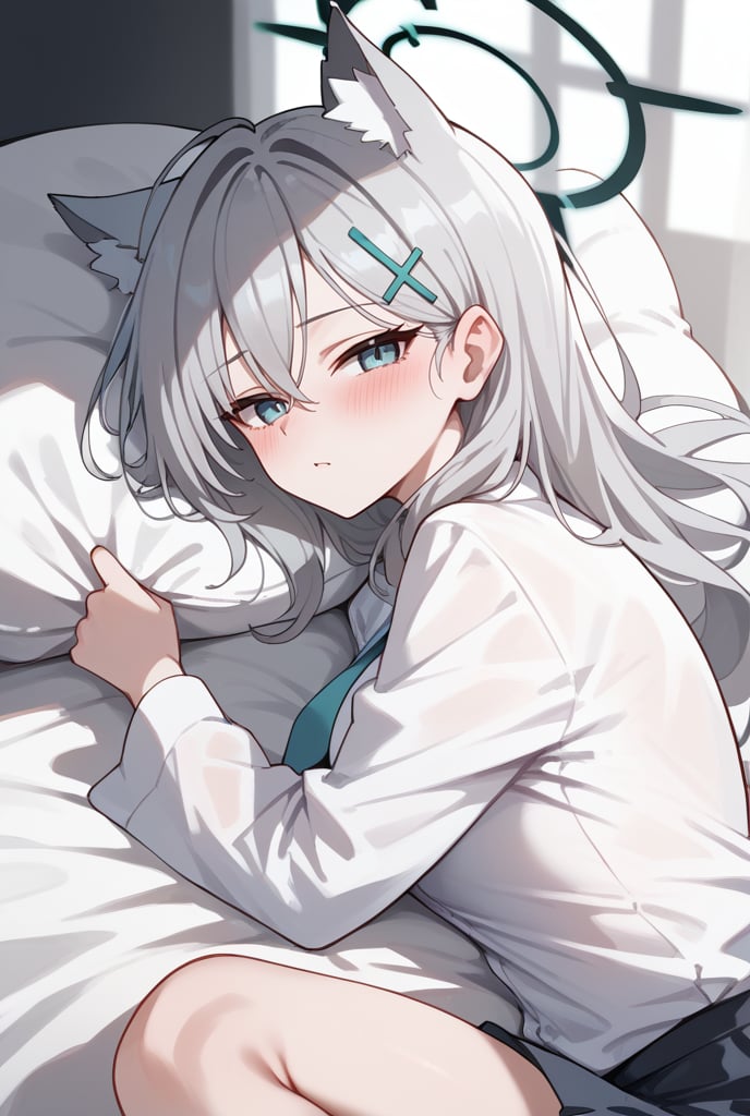 1girl, Lying on bed, White shirt, Blushing, Long silver hair, Cat ears, Halo, Hairclip, Looking at viewer, Bedroom background,shiroko terror \(blue archive\),score_9, score_8_up, score_7_up, score_6_up, score_5_up, score_4_up,