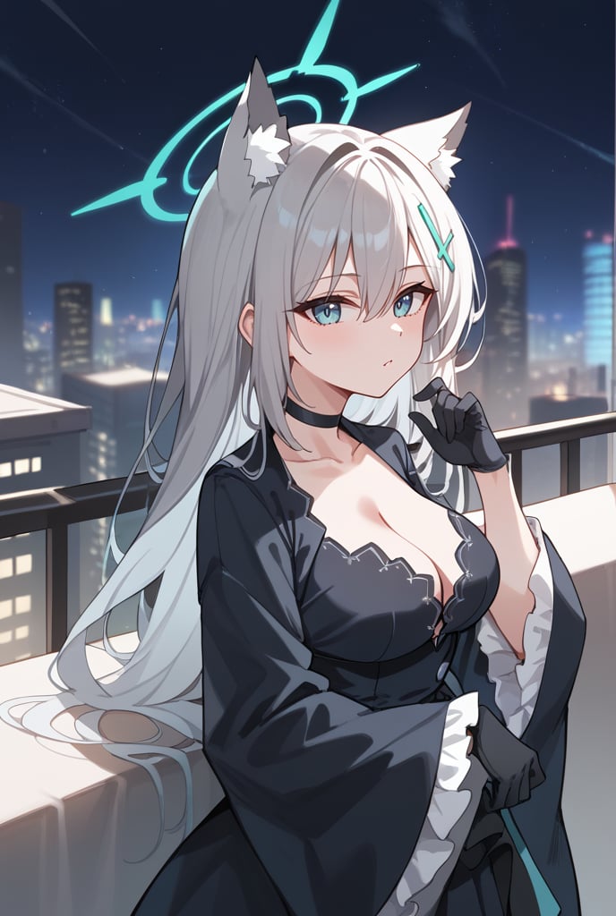 BLUE EYES, GREY HAIR, HAIRCLIP, LONG HAIR, ANIMAL EARS, HALO, BLACK CHOKER, BLACK strap DRESS, WIDE SLEEVES, BLACK GLOVES, 1girl, Overlooking cityscape, Night sky, Long silver hair, Cat ears, Balcony, City lights, Looking over shoulder
,shiroko terror \(blue archive\),score_9, score_8_up, score_7_up, score_6_up, score_5_up, score_4_up, face portrait