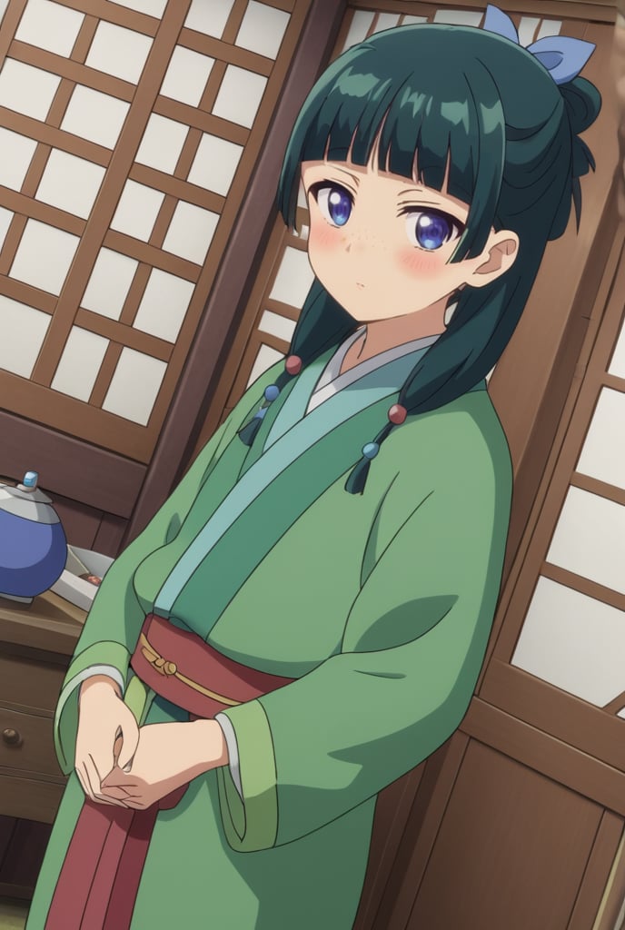 source_anime, ((masterpiece, best quality)), (hyper detailed, detailed background), 1girl, solo, maomao, long hair, bangs, blue eyes, hair ornament, green hair, blunt bangs, freckles, hair bun, single hair bun, japanese clothes, indoors, on side, looking at viewer, cowboy shot, dutch angle, blush