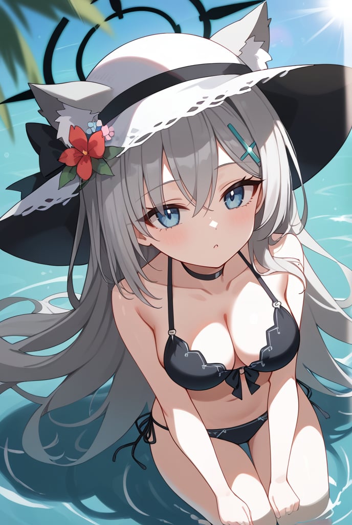 BLUE EYES, GREY HAIR, HAIRCLIP, LONG HAIR, ANIMAL EARS, HALO, BLACK CHOKER, 1girl, Black bikini, Sun hat, Flower on hat, Long silver hair, Cat ears, Halo, Hairclip, In water, Sunlight reflection, Hand on hat, Looking up, Water background, Sunny day,shiroko terror \(blue archive\)