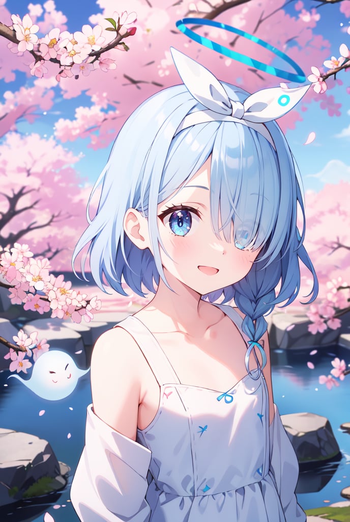 sfw, 1girl, Arona, (blue halo:1.2), blue eyes, blue hair, short hair, single braid, hair over one eye, flat chest, (white hairband:1.2), white hair bow, ghost white tunic, w arms, hillside covered in cherry blossom trees in bloom, midday lighting, idyllic and picturesque scenery, smile