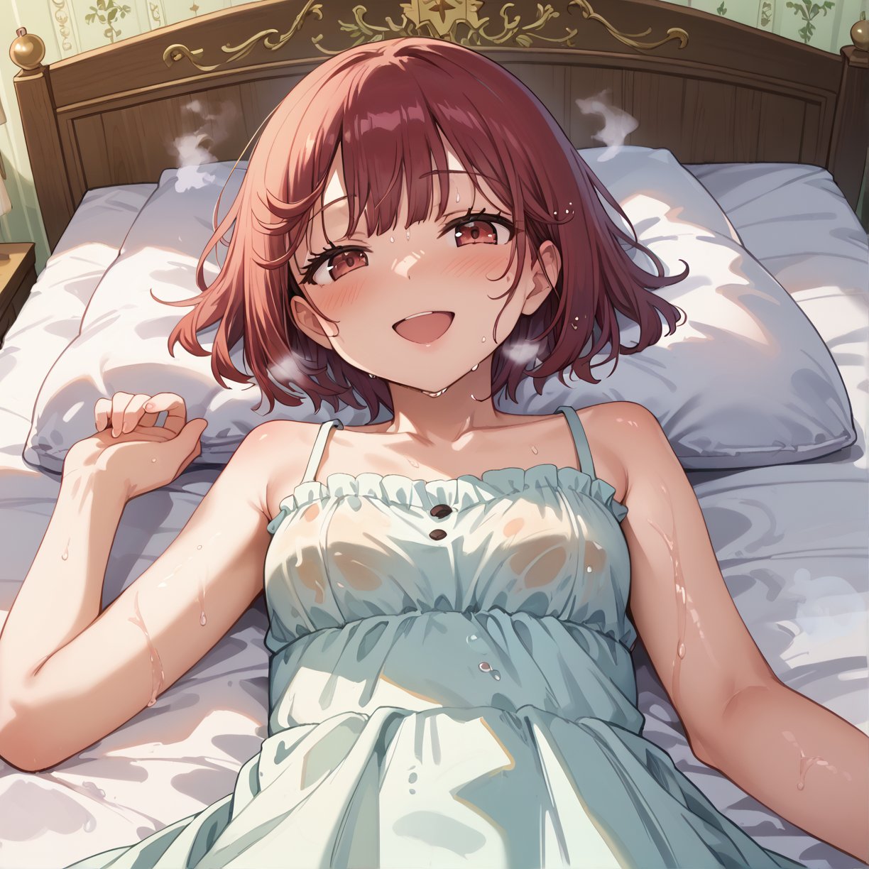 score_9, 1girl, sophieatelier, ((masterpiece, best quality)), (hyper detailed, detailed background), expressive eyes, perfect face, sundress, bed room, lying bed, short hair, blush, happy, view from down, wet, upper body, steam