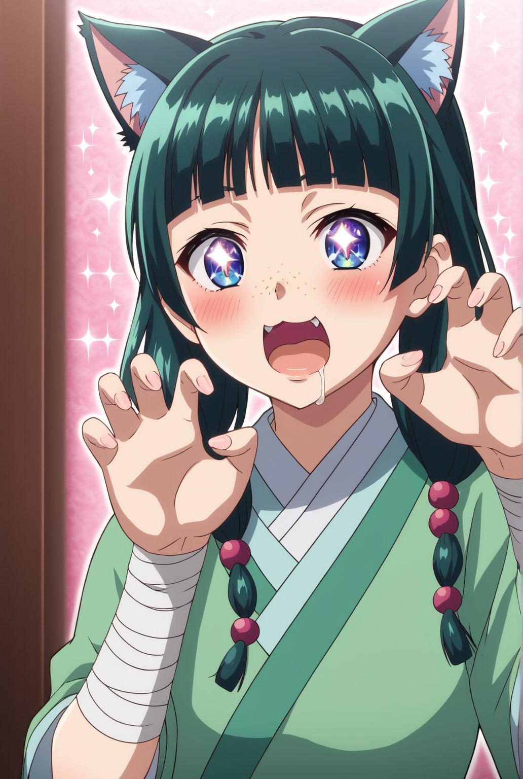 source_anime, 1girl, maomao, solo, green hair, long hair, blue eyes, BREAK + +, ^^^, blunt bangs, blush, cat ears, claw pose, drooling, excited, extra ears, mouth drool, open mouth, sparkle, sparkle background, sparkling eyes, star (symbol), symbol-shaped pupils, freckles, light green hanfu, default clothes, chinese clothes, default hairstyle, sidelocks, hair beads, hair over shoulder, bandaged arm, low twintails, anime, BREAK (high quality, detailed, beautiful), shiny, detailed beautiful eyes, outstanding, countershading, detailed soft lighting