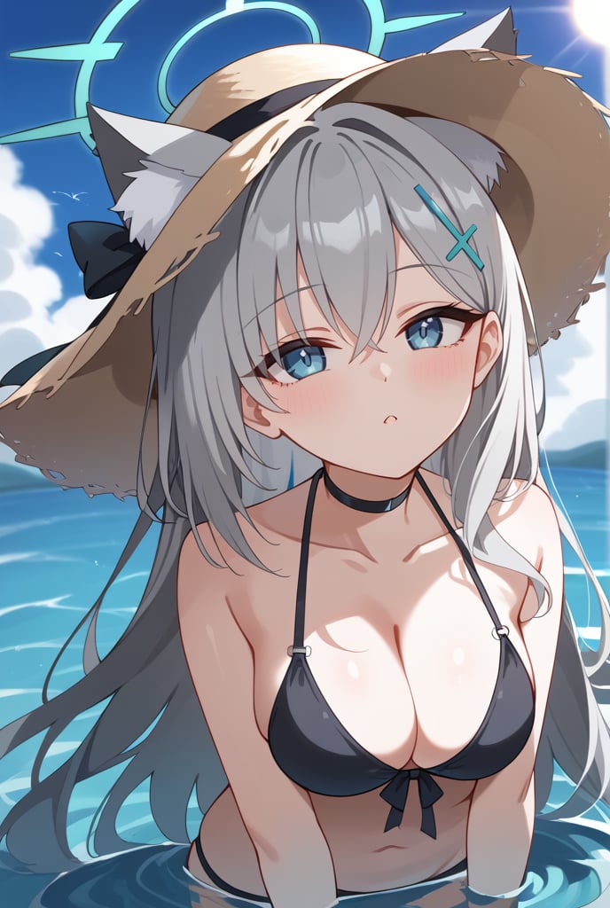 BLUE EYES, GREY HAIR, HAIRCLIP, LONG HAIR, ANIMAL EARS, HALO, BLACK CHOKER, 1girl, Black bikini, Sun hat, Flower on hat, Long silver hair, Cat ears, Halo, Hairclip, In water, Sunlight reflection, Hand on hat, Looking up, Water background, Sunny day,shiroko terror \(blue archive\)