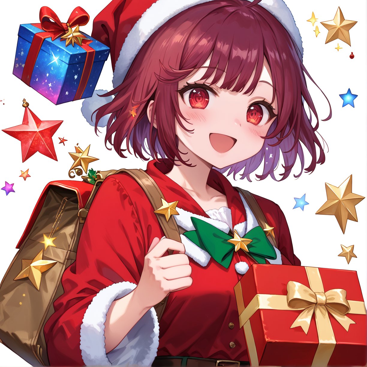 score_9, 1girl, sophieatelier, ((masterpiece, best quality)), (hyper detailed, detailed background), expressive eyes, perfect face, red santa outfit, holding red santa gift bag, simple background, white background, colorful light effects, glowing stars, festive atmosphere, magical sparkles, happy expression, short hair, blush, view from down, upper body, beutiful hand