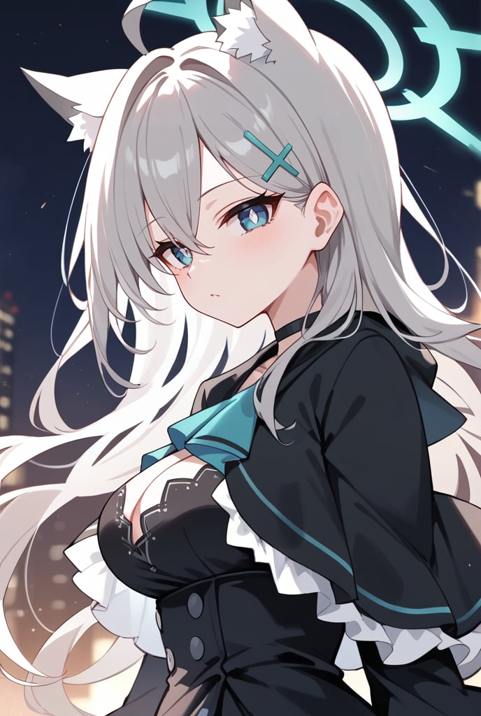 BLUE EYES, GREY HAIR, HAIRCLIP, LONG HAIR, ANIMAL EARS, HALO, BLACK CHOKER, BLACK CAPELET, BLACK DRESS, WIDE SLEEVES, BLACK GLOVES, 1girl, portrait, looking_at_viewer, blue_eyes, mismatched_pupils, polka_dot_background, shiroko-terror,, shiroko terror \(blue archive\), score_9, score_8_up, score_7_up, score_6_up, score_5_up, score_4_up,