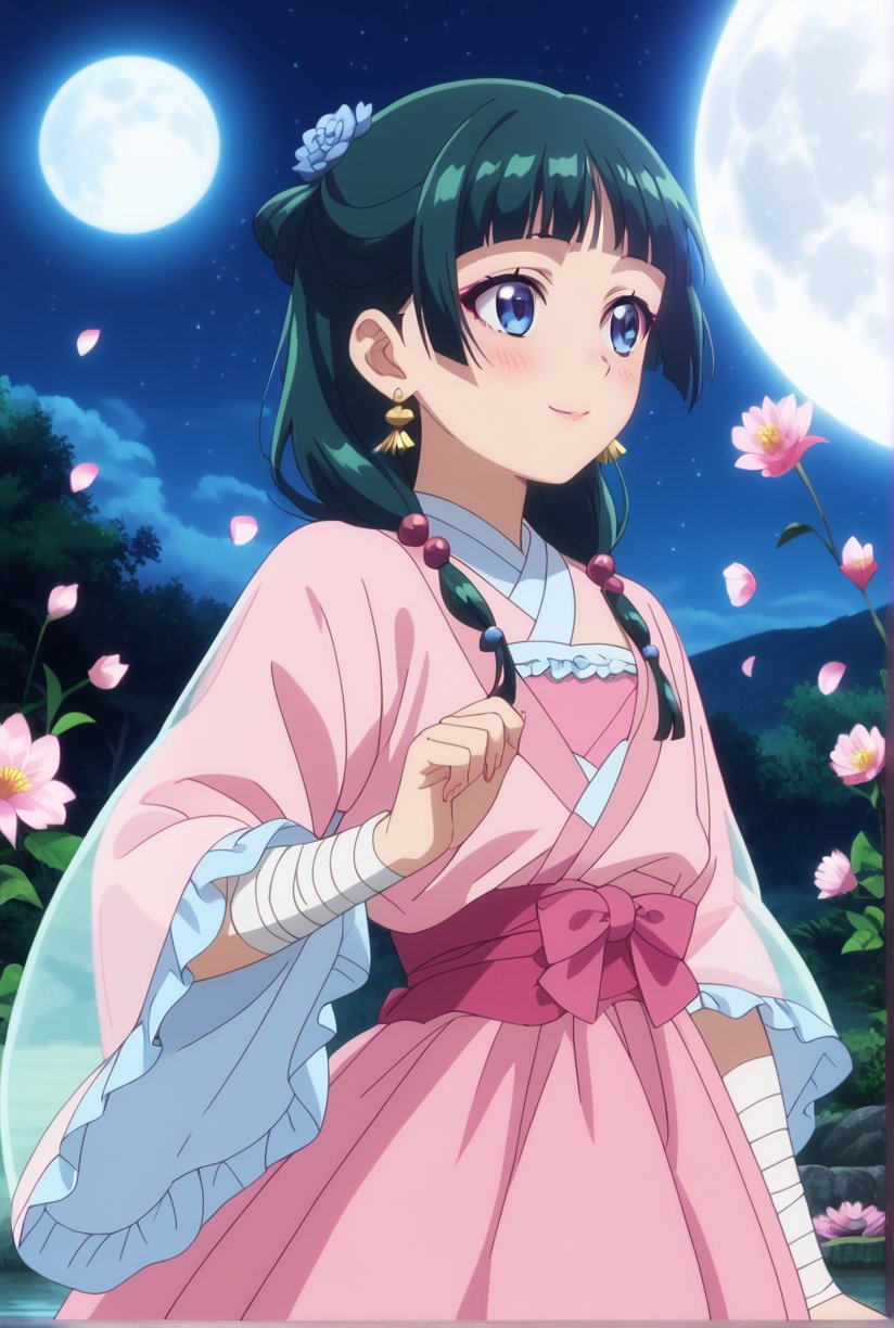 1girl, maomao, ((masterpiece, best quality)), (hyper detailed, detailed background), solo, green hair, long hair, blue eyes, BREAK blunt bangs, earrings, jewelry, looking up, night, moon, starry sky, wide sleeves, frills, frilled dress, pink dress, white frills, purple frills, pink ribbon, pink skirt, bandaged arm, straight hair, hair over shoulder, hair beads, dancer dress, pink see-through shawl, makeup, pink eyeliner, looking to the side, low twintails, full body, BREAK score_9, score_8_up, score_7_up, score_6_up, anime, BREAK (high quality, detailed, beautiful), shiny, detailed beautiful eyes, outstanding, countershading, detailed soft lighting, score_anime, anime screencap, ((upper body)), ((dynamic pose)), serene lake, reflecting moonlight, floating lotus flowers, calm waters, misty surroundings, tranquil atmosphere, happy, smile, blush