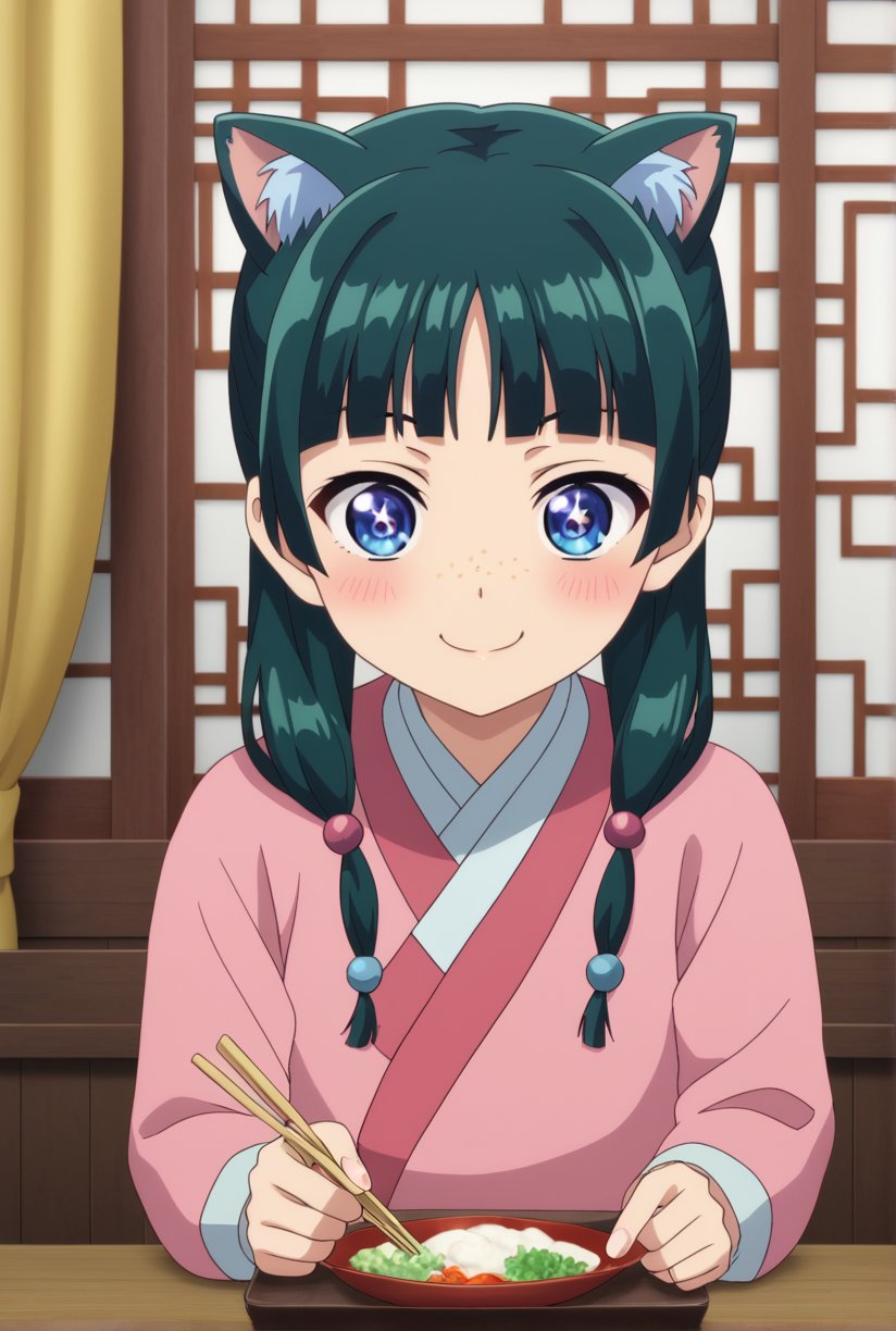 1girl, maomao, ((masterpiece, best quality)), (hyper detailed, detailed background), solo, green hair, long hair, blue eyes, maomao, animal ears, blunt bangs, shaded face, freckles, BREAK + +, ^^^, parkle, sparkle background, sparkling eyes, light green hanfu, default clothes, chinese clothes, long sleeves, default hairstyle, hair ribbon, blue ribbon, sidelocks, hair beads, hair over shoulder, low twintails, anime, (high quality, detailed, beautiful), shiny, detailed beautiful eyes, outstanding, countershading, detailed soft lighting, smiling, eating with chopsticks, calm expression, seated in traditional Chinese room, wooden table, background with sliding doors and traditional curtains, warm lighting, peaceful atmosphere, lightly blushed cheeks, holding chopsticks close to mouth, mid-bite, slightly tilted head