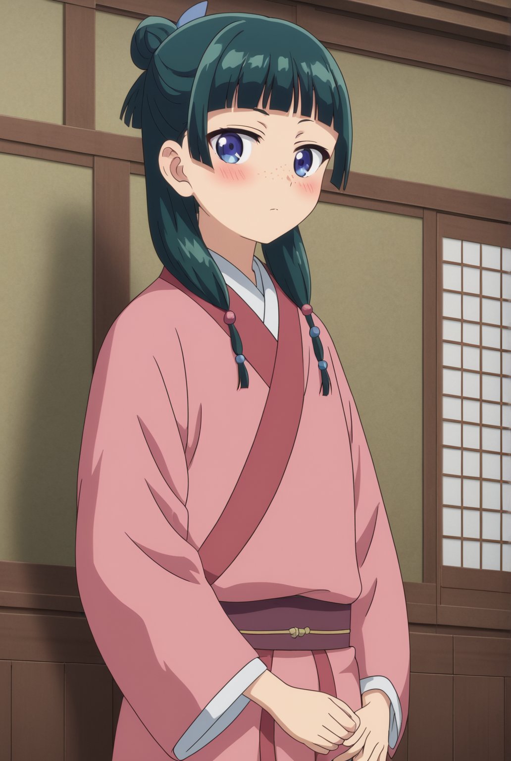 source_anime, ((masterpiece, best quality)), (hyper detailed, detailed background), 1girl, solo, maomao, long hair, bangs, blue eyes, hair ornament, green hair, blunt bangs, freckles, hair bun, single hair bun, japanese clothes, indoors, on side, looking at viewer, cowboy shot, dutch angle, blush