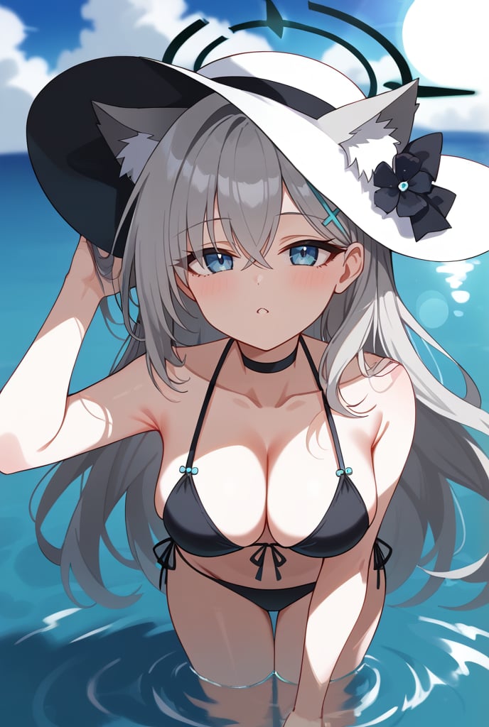 BLUE EYES, GREY HAIR, HAIRCLIP, LONG HAIR, ANIMAL EARS, HALO, BLACK CHOKER, 1girl, Black bikini, Sun hat, Flower on hat, Long silver hair, Cat ears, Halo, Hairclip, In water, Sunlight reflection, Hand on hat, Looking up, Water background, Sunny day,shiroko terror \(blue archive\)