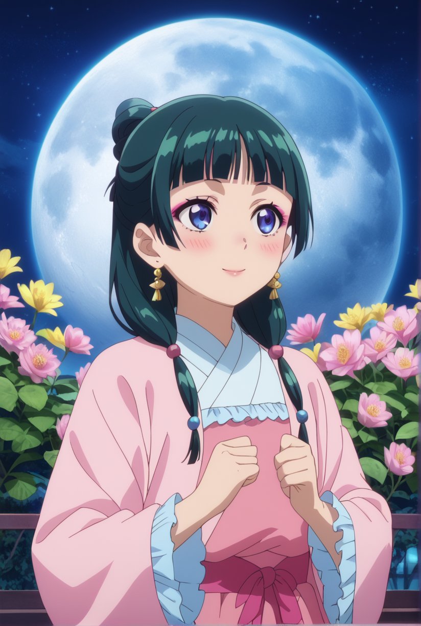 1girl, maomao, ((masterpiece, best quality)), (hyper detailed, detailed background), solo, green hair, long hair, blue eyes, BREAK blunt bangs, earrings, jewelry, looking up, night, moon, starry sky, wide sleeves, frills, frilled dress, pink dress, white frills, purple frills, pink ribbon, pink skirt, bandaged arm, straight hair, hair over shoulder, hair beads, dancer dress, pink see-through shawl, makeup, pink eyeliner, looking to the side, low twintails, full body, BREAK score_9, score_8_up, score_7_up, score_6_up, anime, BREAK (high quality, detailed, beautiful), shiny, detailed beautiful eyes, outstanding, countershading, detailed soft lighting, score_anime, anime screencap, ((upper body)), ((dynamic pose)), serene lake, reflecting moonlight, floating lotus flowers, calm waters, misty surroundings, tranquil atmosphere, happy, smile, blush