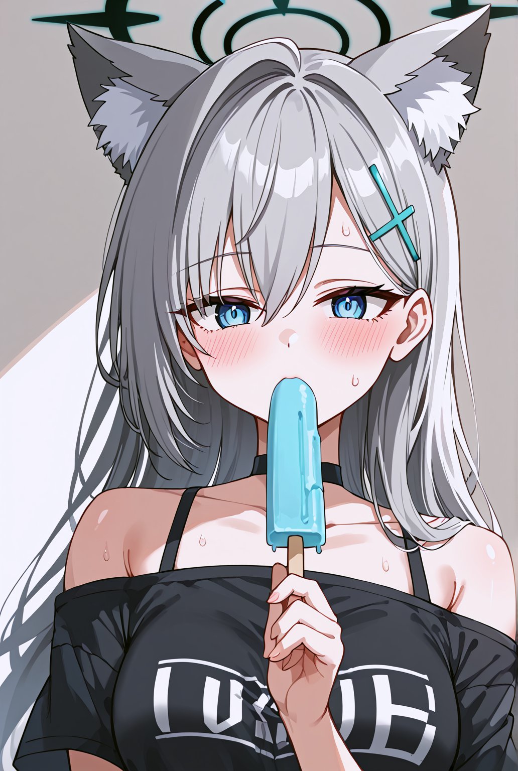 ((masterpiece, best quality)), (hyper detailed), 1girl, shiroko terror \(blue archive\), BLUE EYES, GREY HAIR, HAIRCLIP, LONG HAIR, ANIMAL EARS, HALO, flushed face, sweat, expressive eyes, tired expression, wearing black off-shoulder t-shirt, choker, blue popsicle, holding popsicle in mouth, relaxed expression, minimal background, upper body focus, close-up, detailed hair, detailed face, cool tones, casual outfit, slight blush, summer vibe, soft lighting,source_anime,BREAK, (look at viewer:1.4),beautiful_female_fingers, 