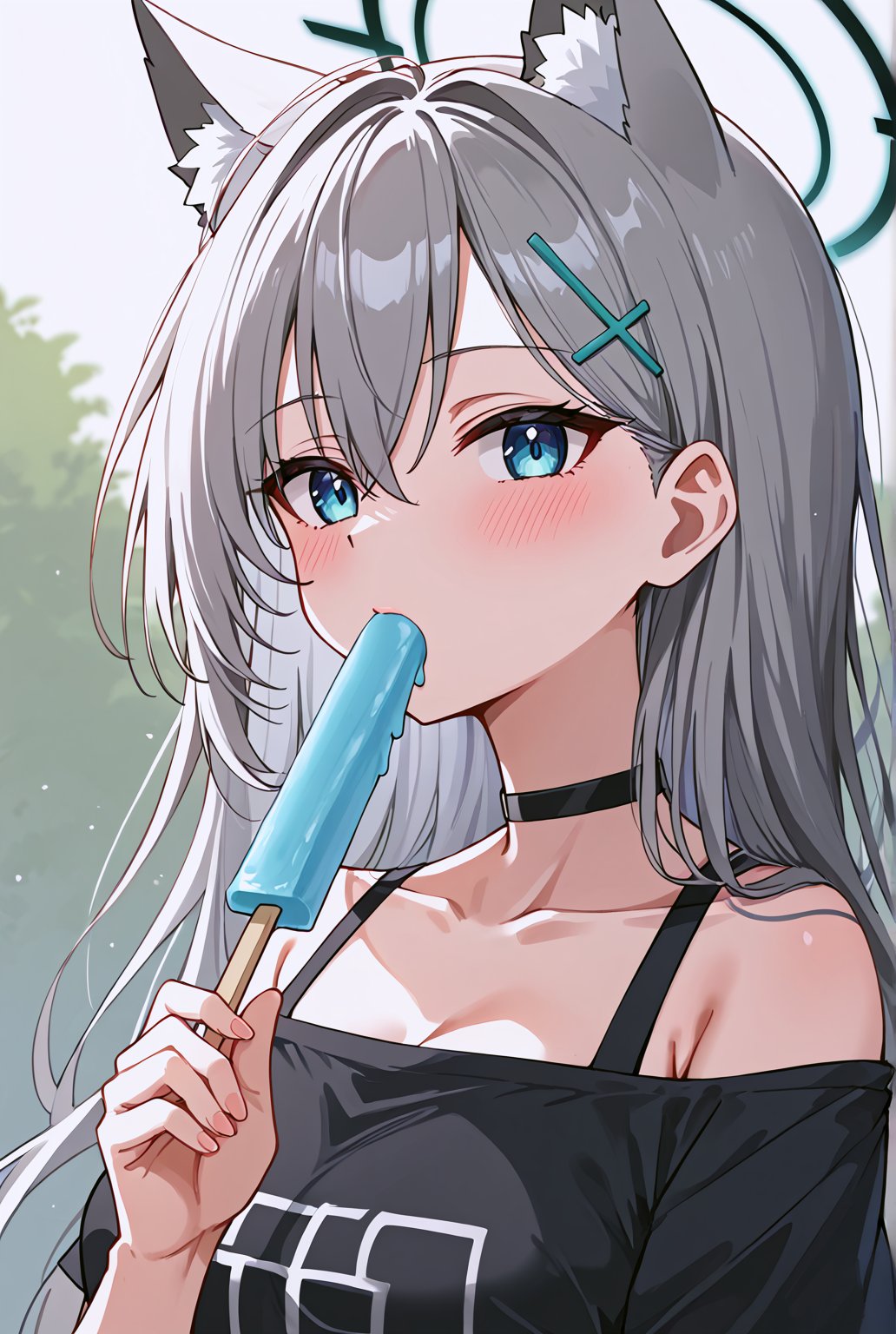 ((masterpiece, best quality)), (hyper detailed), 1girl, shiroko terror \(blue archive\), BLUE EYES, GREY HAIR, HAIRCLIP, LONG HAIR, ANIMAL EARS, HALO, (slightly troubled expression:1.4) wearing black off-shoulder t-shirt, choker, blue popsicle, holding popsicle in mouth, relaxed expression, minimal background, upper body focus, close-up, detailed hair, detailed face, cool tones, casual outfit, slight blush, summer vibe, soft lighting,source_anime,BREAK, (look at viewer:1.4),beautiful_female_fingers, 