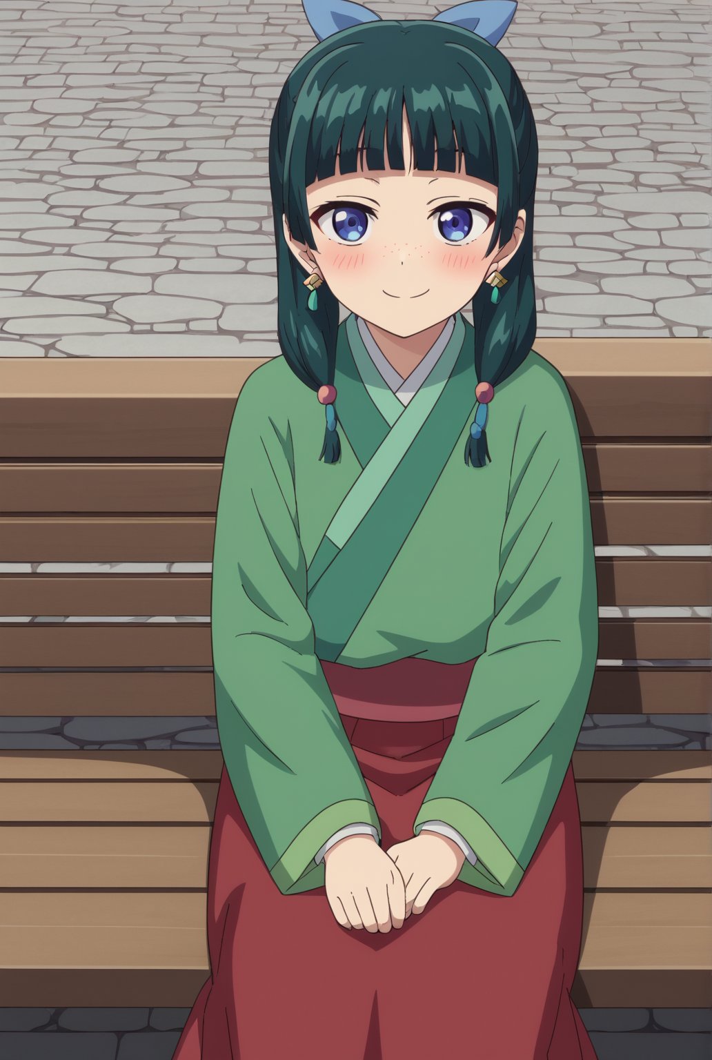 source_anime, masterpiece, best quality, highly detailed, 1girl, solo, maomao, dark green hair, green kimono, hair ribbon, long sleeves, medium hair, blue eyes, blunt bangs, hair ornament, (freckles:0.5), japanese clothes, kimono, long sleeves, twintails, earrings, smile, blush, looking at viewer, (red skirt:1.1), long skirt, sitting, outdoor, sitting in bench, day, flowers, ((close up face))