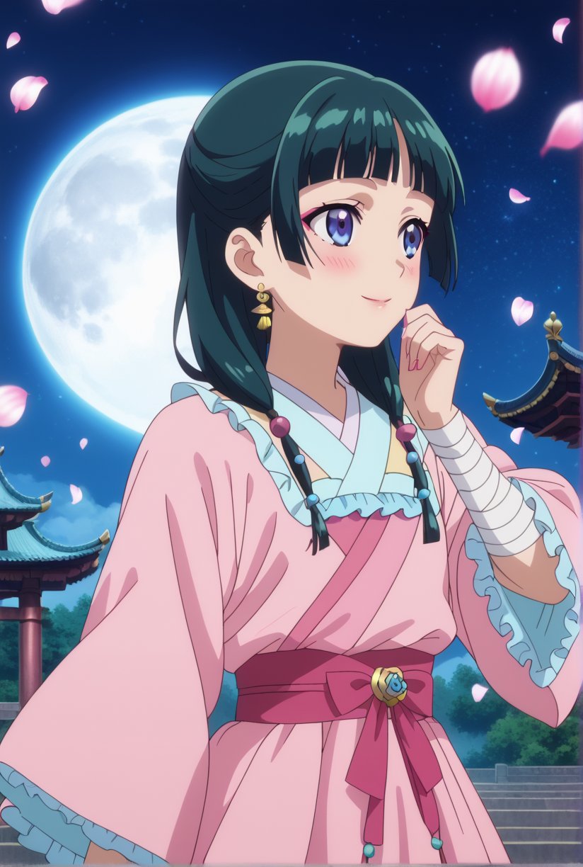 1girl, maomao, ((masterpiece, best quality)), (hyper detailed, detailed background), solo, green hair, long hair, blue eyes, BREAK blunt bangs, earrings, jewelry, looking up, night, moon, starry sky, wide sleeves, frills, frilled dress, pink dress, white frills, purple frills, pink ribbon, pink skirt, bandaged arm, straight hair, hair over shoulder, hair beads, dancer dress, pink see-through shawl, makeup, pink eyeliner, looking to the side, low twintails, full body, BREAK score_9, score_8_up, score_7_up, score_6_up, anime, BREAK (high quality, detailed, beautiful), shiny, detailed beautiful eyes, outstanding, countershading, detailed soft lighting, score_anime, anime screencap, ((upper body)), ((dynamic pose)), serene lake, reflecting moonlight, floating lotus flowers, calm waters, misty surroundings, tranquil atmosphere, happy, smile, blush