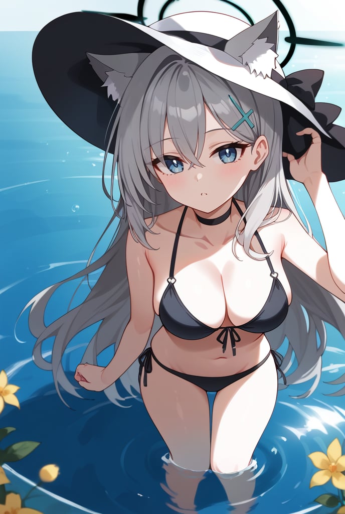 BLUE EYES, GREY HAIR, HAIRCLIP, LONG HAIR, ANIMAL EARS, HALO, BLACK CHOKER, 1girl, Black bikini, Sun hat, Flower on hat, Long silver hair, Cat ears, Halo, Hairclip, In water, Sunlight reflection, Hand on hat, Looking up, Water background, Sunny day,shiroko terror \(blue archive\)