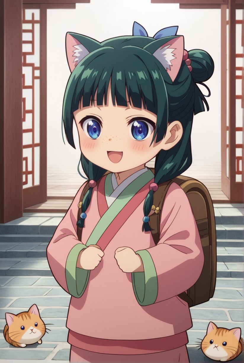 1girl, maomao, ((masterpiece, best quality)), (hyper detailed, detailed background), solo, green hair, long hair, blue eyes, BREAK :3, backpack, bag, blunt bangs, blush, cat ears, long sleeves, smile, chibi, freckles, light green hanfu, pink clothes, chinese clothes, wide sleeves, default hairstyle, hair bun, hair ribbon, blue ribbon, sidelocks, hair beads, half updo, hair over shoulder, excited, low twintails, BREAK score_9, score_8_up, score_7_up, score_6_up, anime, BREAK (high quality, detailed, beautiful), shiny, detailed beautiful eyes, outstanding, countershading, detailed soft lighting, ((Chibi character))