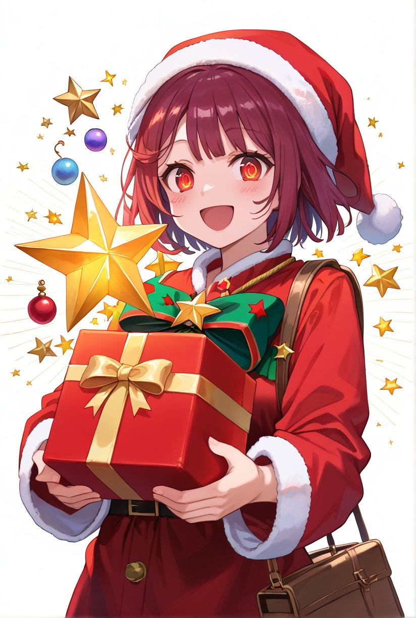 score_9, 1girl, sophieatelier, ((masterpiece, best quality)), (hyper detailed, detailed background), expressive eyes, perfect face, red santa outfit, holding red santa gift bag, simple background, white background, colorful light effects, glowing stars, festive atmosphere, magical sparkles, happy expression, short hair, blush, view from down, upper body