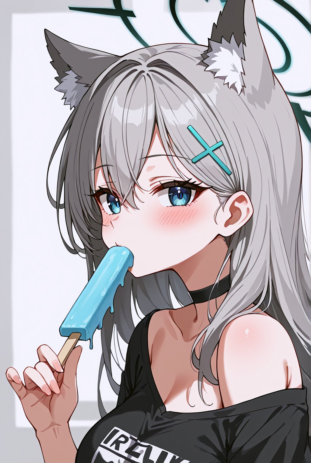 ((masterpiece, best quality)), (hyper detailed), 1girl, shiroko terror \(blue archive\), BLUE EYES, GREY HAIR, HAIRCLIP, LONG HAIR, ANIMAL EARS, HALO, wearing black off-shoulder t-shirt, choker, blue popsicle, holding popsicle in mouth, relaxed expression, minimal background, upper body focus, close-up, detailed hair, detailed face, cool tones, casual outfit, slight blush, summer vibe, soft lighting,source_anime,BREAK, (look at viewer:1.4),beautiful_female_fingers, 