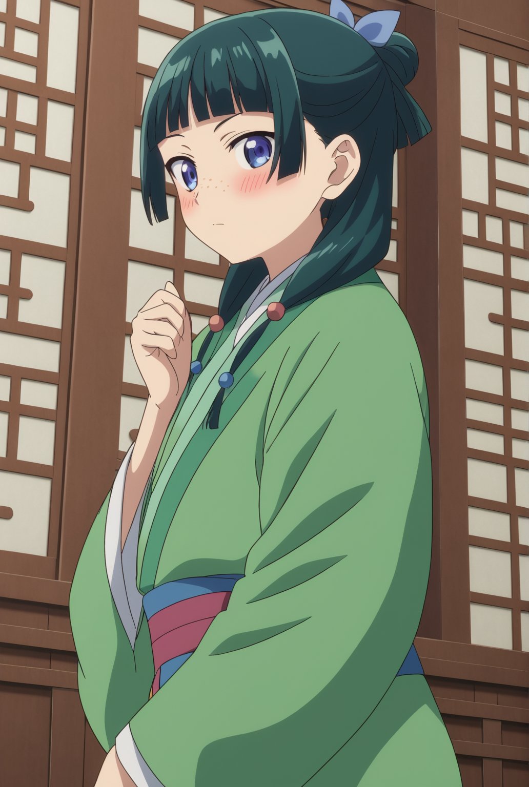 source_anime, ((masterpiece, best quality)), (hyper detailed, detailed background), 1girl, solo, maomao, long hair, bangs, blue eyes, hair ornament, green hair, blunt bangs, freckles, hair bun, single hair bun, japanese clothes, indoors, on side, looking at viewer, cowboy shot, dutch angle, blush