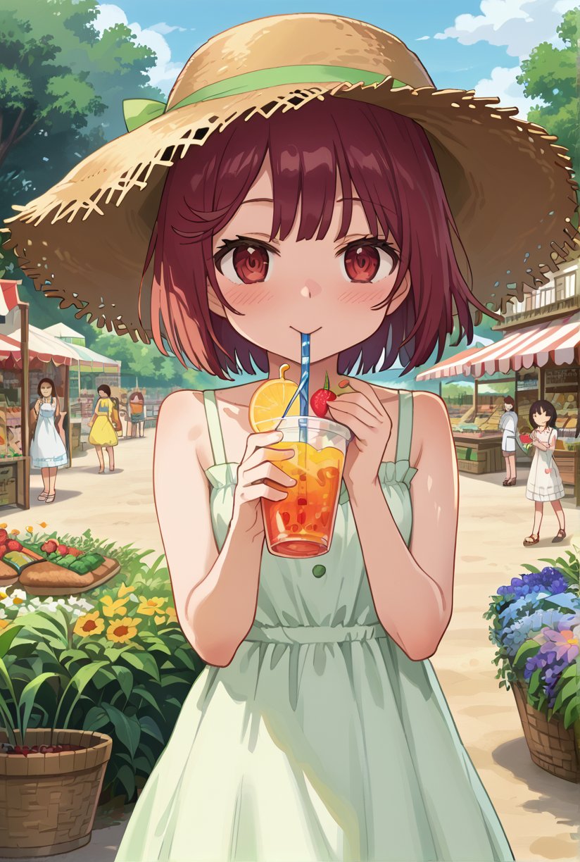 score_9, 1girl, sophieatelier, ((masterpiece, best quality)), (hyper detailed, detailed background), expressive eyes, perfect face, sundress, outdoor, straw hat, drinking, (strawberry:0.5), drinking straw, blush,anime screencap,score_anime, look at viewer, (cowboy_shot:1.2), short hair, blush, happy, bright tone