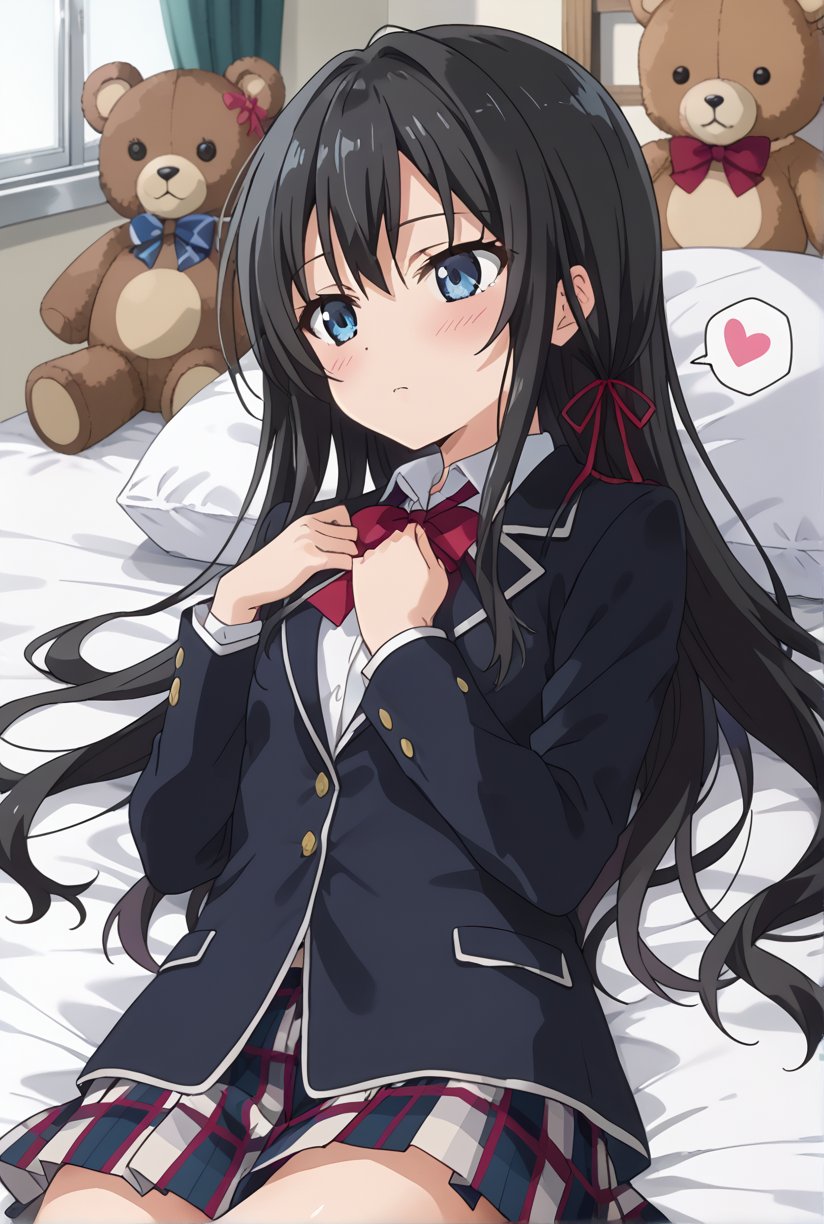 score_9, source_anime, anime screencap, anime coloring, 1girl, solo, shiyukino, long hair, black hair, blue eyes, ribbon, school uniform, hair ribbon, black jacket, plaid skirt, blazer, sobu high school uniform, (lying bed:1.4), hand resting on chest, legs slightly bent, blush, shy expression, teddy bear, relaxed atmosphere.,beautiful_female_fingers, spoken heart,