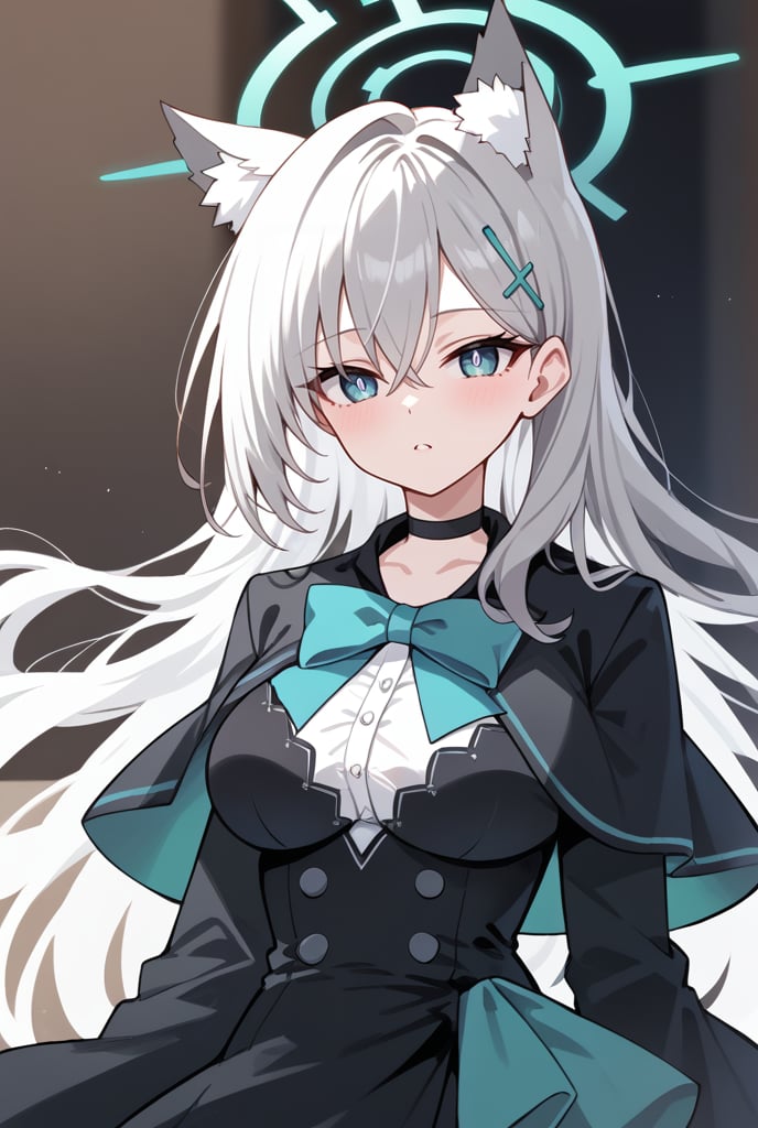 BLUE EYES, GREY HAIR, HAIRCLIP, LONG HAIR, ANIMAL EARS, HALO, BLACK CHOKER, BLACK CAPELET, BLACK DRESS, WIDE SLEEVES, BLACK GLOVES, 1girl, portrait, looking_at_viewer, blue_eyes, mismatched_pupils, polka_dot_background, shiroko-terror,, shiroko terror \(blue archive\), score_9, score_8_up, score_7_up, score_6_up, score_5_up, score_4_up,