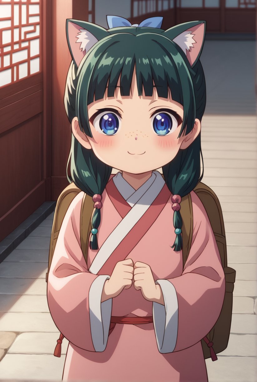 1girl, maomao, ((masterpiece, best quality)), (hyper detailed, detailed background), solo, green hair, long hair, blue eyes, BREAK :3, backpack, bag, blunt bangs, blush, cat ears, long sleeves, smile, chibi, freckles, light green hanfu, pink clothes, chinese clothes, wide sleeves, default hairstyle, hair bun, hair ribbon, blue ribbon, sidelocks, hair beads, half updo, hair over shoulder, excited, low twintails, BREAK score_9, score_8_up, score_7_up, score_6_up, anime, BREAK (high quality, detailed, beautiful), shiny, detailed beautiful eyes, outstanding, countershading, detailed soft lighting, ((Chibi character))