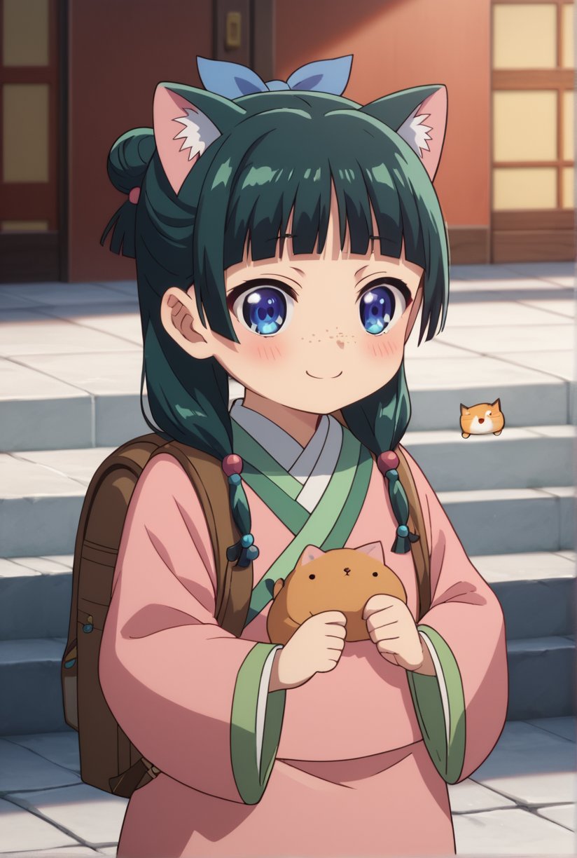 1girl, maomao, ((masterpiece, best quality)), (hyper detailed, detailed background), solo, green hair, long hair, blue eyes, BREAK :3, backpack, bag, blunt bangs, blush, cat ears, long sleeves, smile, chibi, freckles, light green hanfu, pink clothes, chinese clothes, wide sleeves, default hairstyle, hair bun, hair ribbon, blue ribbon, sidelocks, hair beads, half updo, hair over shoulder, excited, low twintails, BREAK score_9, score_8_up, score_7_up, score_6_up, anime, BREAK (high quality, detailed, beautiful), shiny, detailed beautiful eyes, outstanding, countershading, detailed soft lighting, ((Chibi character))