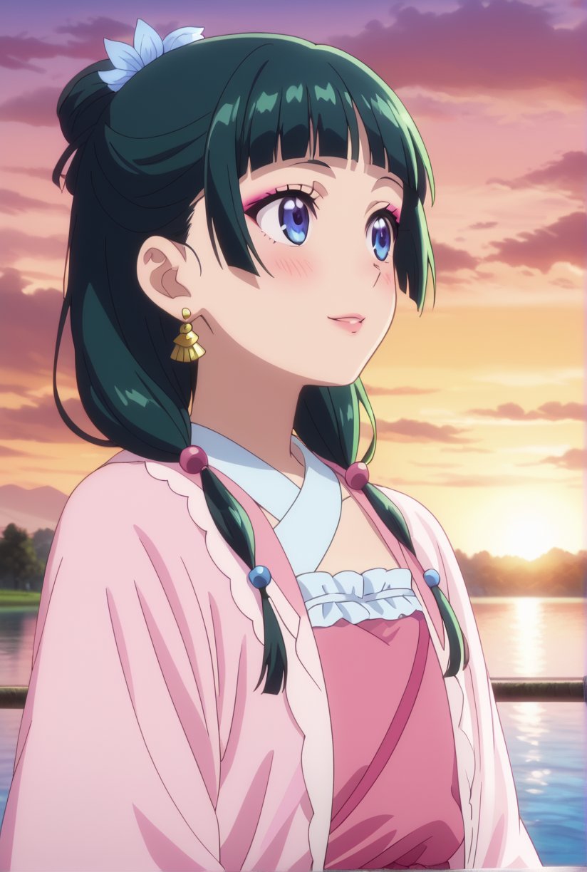 1girl, maomao, ((masterpiece, best quality)), (hyper detailed, detailed background), solo, green hair, long hair, blue eyes, BREAK blunt bangs, earrings, jewelry, looking up, sunset, golden hour, daytime sky, wide sleeves, frills, frilled dress, pink dress, white frills, purple frills, pink ribbon, pink skirt, bandaged arm, straight hair, hair over shoulder, hair beads, dancer dress, pink see-through shawl, makeup, pink eyeliner, looking to the side, low twintails, full body, BREAK score_9, score_8_up, score_7_up, score_6_up, anime, BREAK (high quality, detailed, beautiful), shiny, detailed beautiful eyes, outstanding, countershading, detailed soft lighting, score_anime, anime screencap, ((upper body)), ((dynamic pose)), serene lake, glowing sunset reflections, floating lotus flowers, calm waters, warm atmosphere, happy, smile, blush
