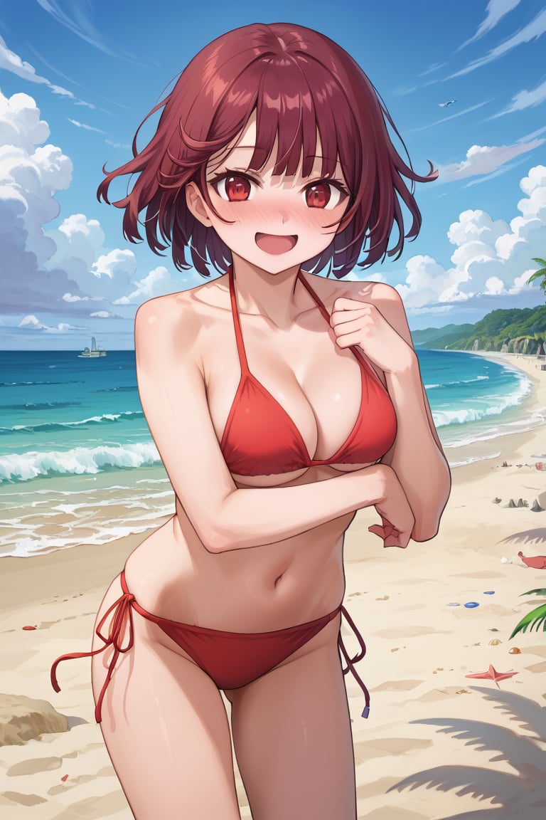 score_9, 1girl, sophieatelier, ((masterpiece, best quality)), (hyper detailed, detailed background), expressive eyes, perfect face, bikini, midriff, fit body, looking at viewer, happy, flush, blush, embarrassed, short hair, beach background