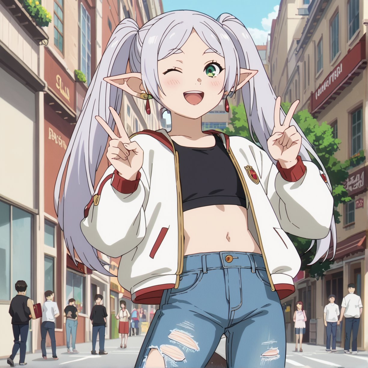 score_9, score_8_up, score_7_up, 1girl, FrierenSSnF, ((masterpiece, best quality)), (hyper detailed, detailed background), solo, grey hair, long hair, green eyes, one eye closed, wink, twintails, parted bangs, earrings, pointy ears, white_jacket, black sports bra, ripped_jeans, sneakers, standing, city_street, urban_background, modern_buildings, cars, people_in_background, anime_screencap, score_anime, anime screencap,(cowboy_shot:1.4), blush, smile, (double peace:1.4), excited_expression,  (motion_blur:1.1), open mouth