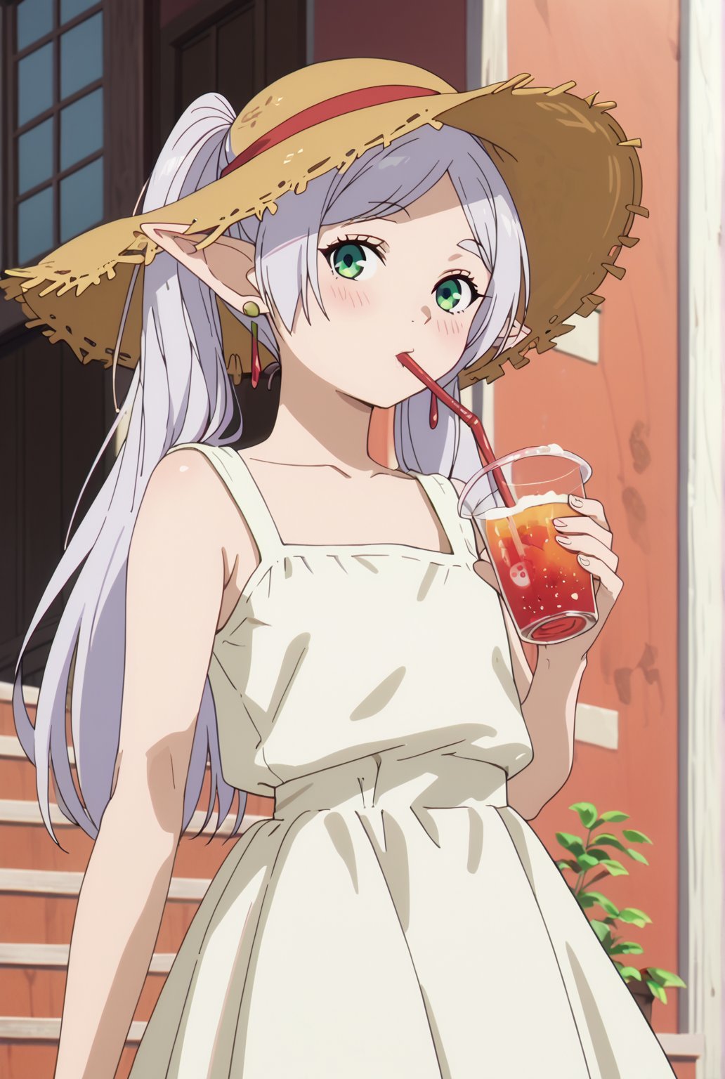 score_9, score_8_up, score_7_up, 1girl, FrierenSSnF, ((masterpiece, best quality)), (hyper detailed, detailed background), 1girl, solo, grey hair, long hair, green eyes, twintails, parted bangs, earrings, pointy ears, sundress, outdoor, straw hat, drinking, (strawberry:0.5), drinking straw, blush,anime screencap,score_anime, look at viewer, (cowboy_shot:1.2)