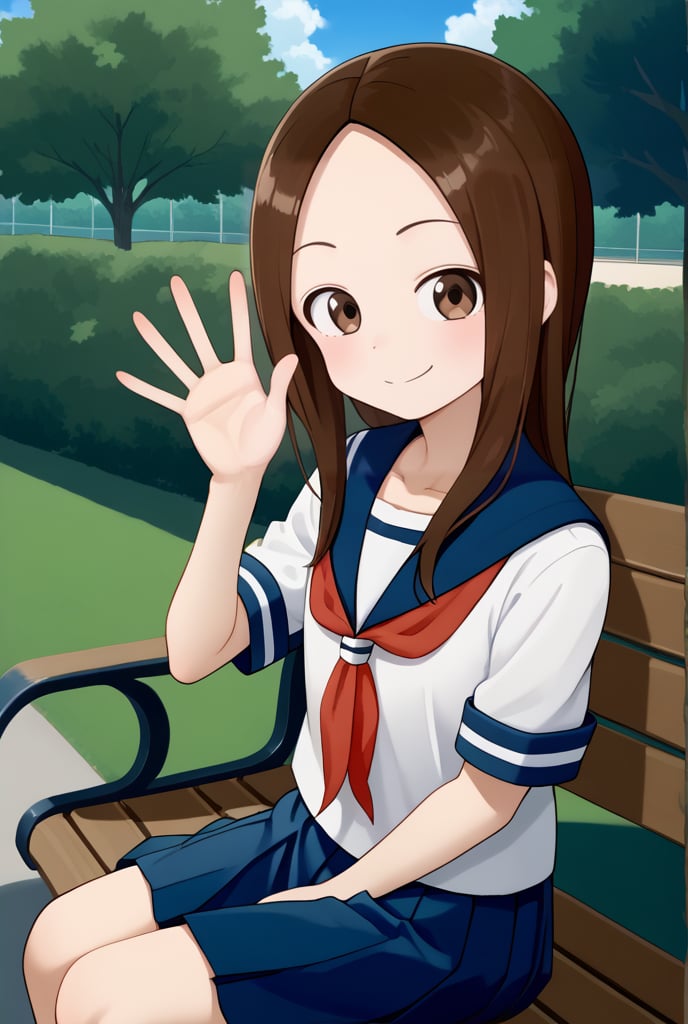 1girl, source_anime, aatakagi, solo, long hair, brown hair, parted bangs, collarbone, serafuku, sailor collar, red neckerchief, white shirt, short sleeves, pleated skirt, blue skirt, sitting, waving, smile, bench, outdoors, park,

