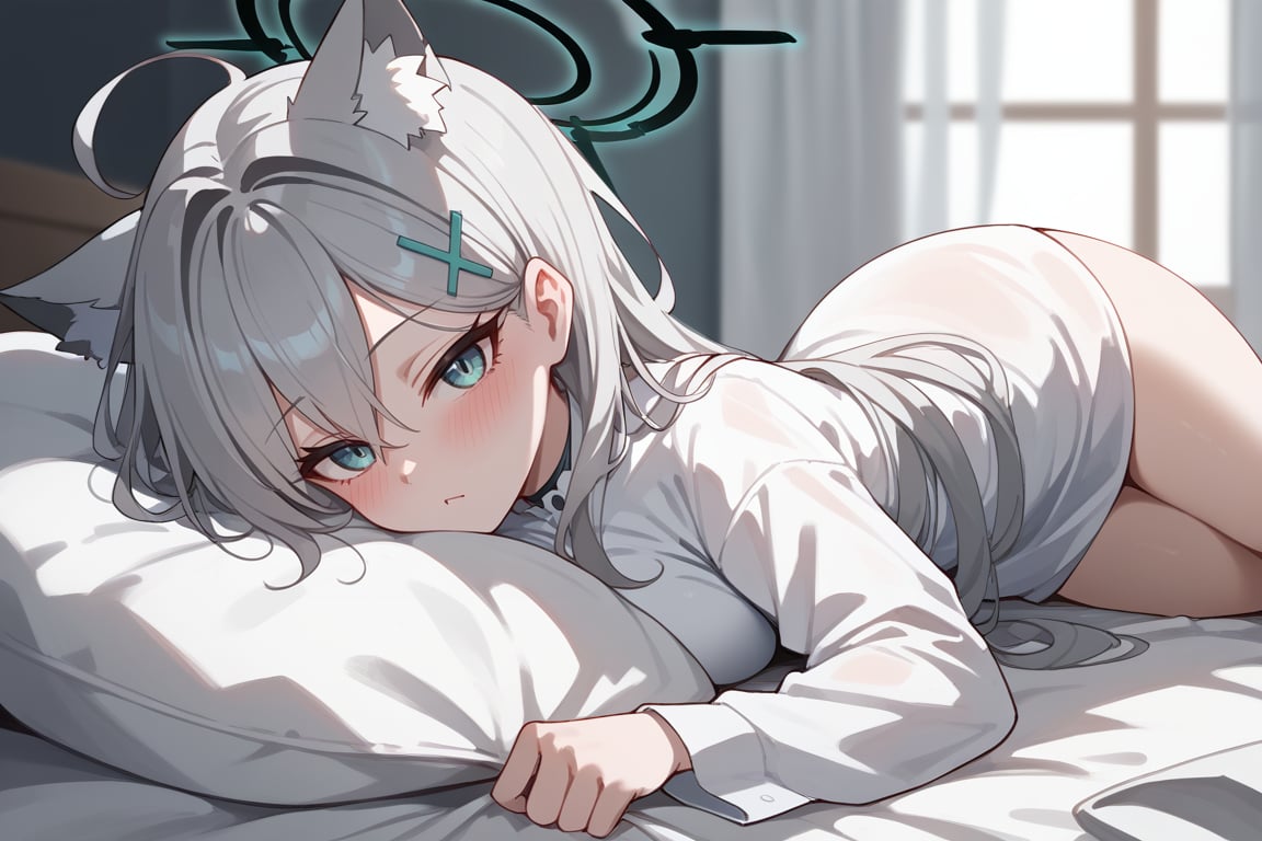 1girl, Lying on bed, White shirt, Blushing, Long silver hair, Cat ears, Halo, Hairclip, Looking at viewer, Bedroom background,shiroko terror \(blue archive\),score_9, score_8_up, score_7_up, score_6_up, score_5_up, score_4_up,