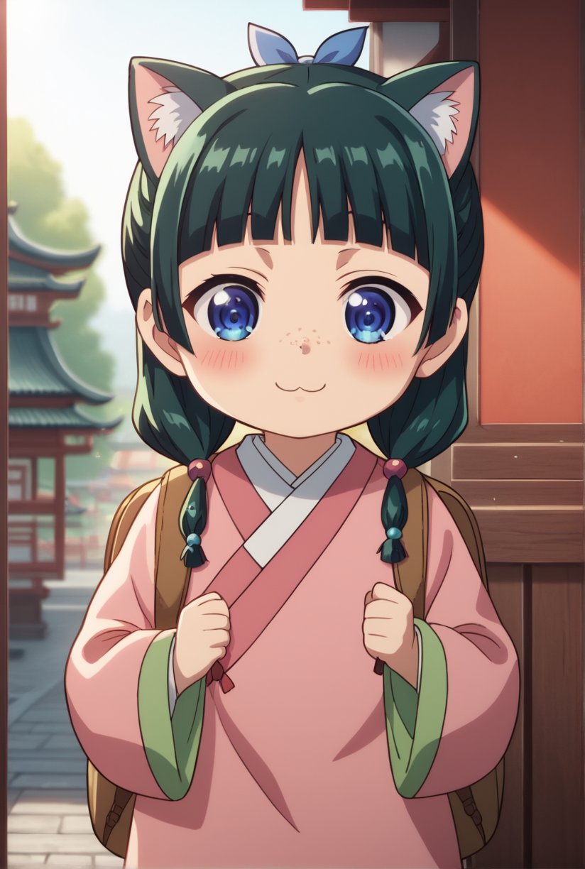 1girl, maomao, ((masterpiece, best quality)), (hyper detailed, detailed background), solo, green hair, long hair, blue eyes, BREAK :3, backpack, bag, blunt bangs, blush, cat ears, long sleeves, smile, chibi, freckles, light green hanfu, pink clothes, chinese clothes, wide sleeves, default hairstyle, hair bun, hair ribbon, blue ribbon, sidelocks, hair beads, half updo, hair over shoulder, excited, low twintails, BREAK score_9, score_8_up, score_7_up, score_6_up, anime, BREAK (high quality, detailed, beautiful), shiny, detailed beautiful eyes, outstanding, countershading, detailed soft lighting, ((Chibi character))