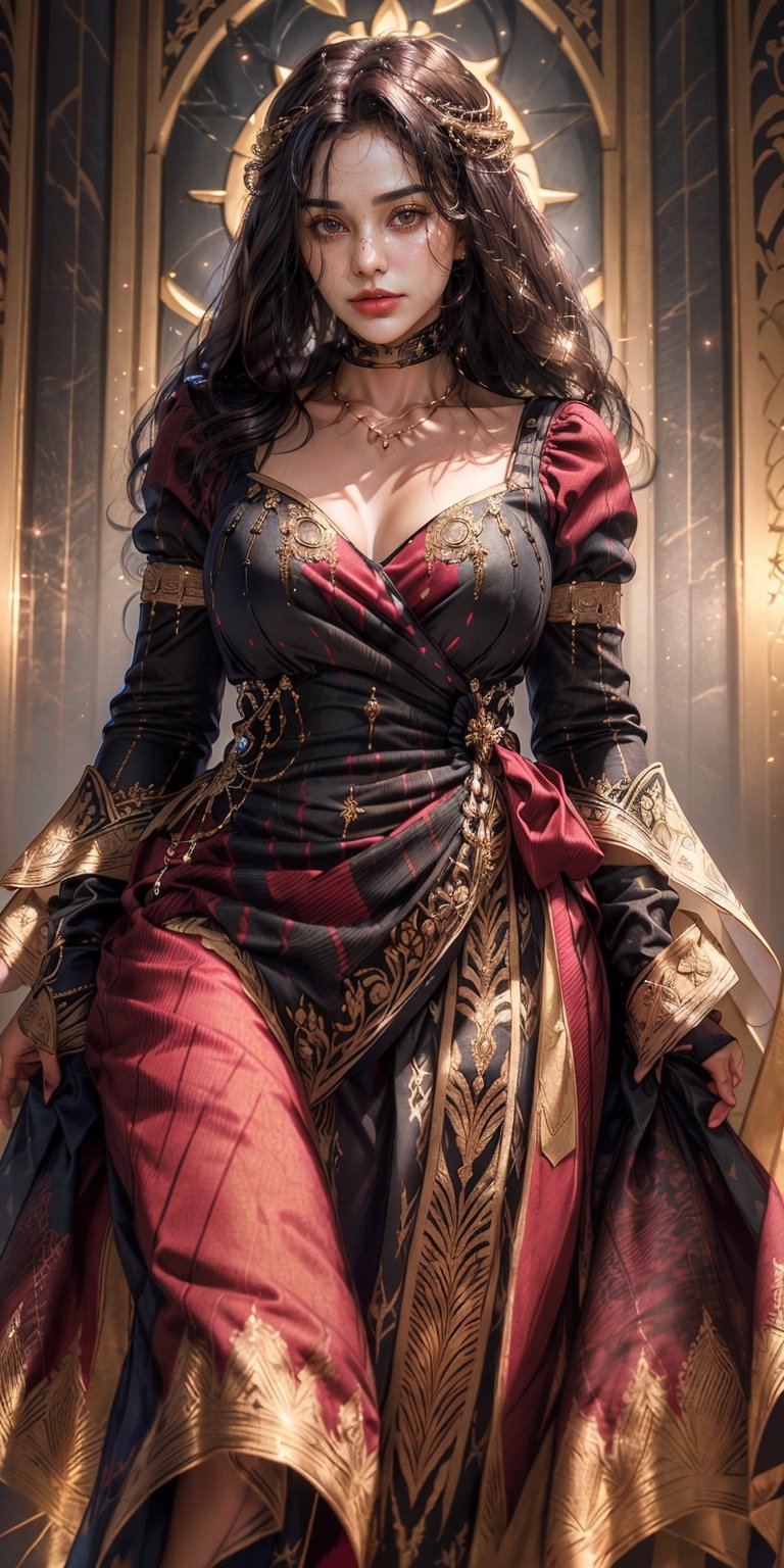 (GODDESS), (she is surrounded by her dark long ebony hair all around her body). (large amazing jewels), godly glow, (her body is wrapped in dark maroon conservative regal dress), (conservative dress), polite clothing, (((embellishment))), ((very long hair )),3DMM, High detailed, detailed skin texture, hyperrealistic, UHD, 8k, m4d4m