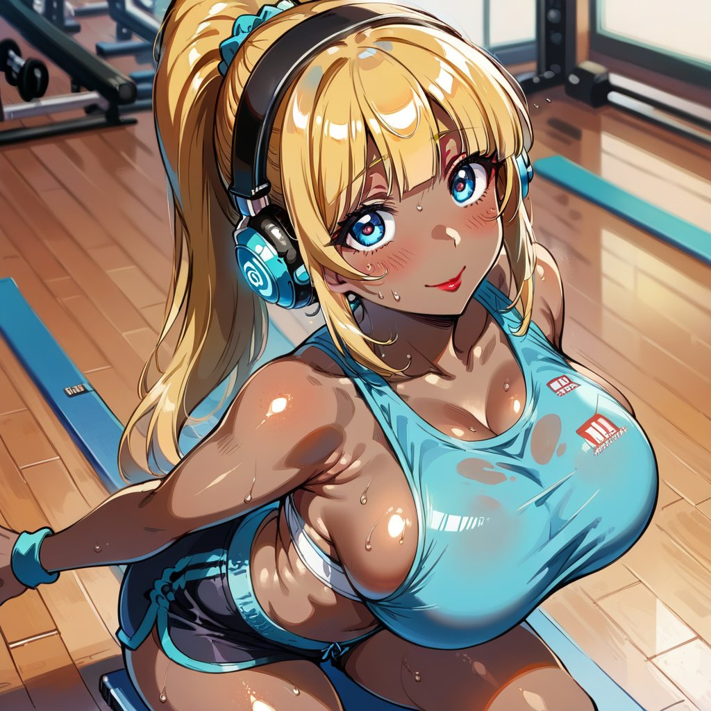 score_9, score_8_up, score_7_up, masterpiece, best quality, highres, 1girl, curvy, anime eyes, large eyes, neon blue eyes, neon_blue_eyes, kawaii anime style, very kawaii anime style, super kawaii anime style, super cute anime style, cute anime style, sexy anime style, cute girl, kawaii, cute, kawaii girl, red eyeshadow, eyeshadow, long eyelashes, eyeliner, blush, red lipstick, medium lips, full lip, full_lips, smile, upper_body, face_only, close up, face only, close_up, face, solo girl, solo_girl, 1 girl, so cute, very_cute_girl, hime_cut, hime cut, red eyeshadow, red_eyeshadow, long eyelashes, long_eyelashes, red_lipstick, red lipstick, age 25, cat_shaped_eyes, fox_shaped_eyes, thick_eyelashes, very_thick_eyelashes, thick eyelashes, blonde hair, blonde_hair, bright blonde hair, bright_blonde_hair, gym,, weight_room, treadmills, treadmill, headphones over ears, black headphones over ears, black headphones, headphones_over_ears, brown_girl, brown skin, brown_skin, brown skinned, dark skin, dark_skinned, brown_skinned, blue sports bra, blue_sports_bra, small sports bra, tight sports bra, tight_sports_bra, extremely tight sports bra, midriff, exposed midriff, exposed_midriff, large ponytail, large_ponytail, long ponytail, long_ponytail, massive breasts, black shorts, side boobs, side_boobs, side_boob, side boob, curvy hips, curvy_hips, wide_hips, wide hips, thick thighs, thigh_thighs, toned body, toned_body, abs, view from above, from_above, from above, view_from_above, on knees, sweating, girl sweating, girl_sweating, yoga, yoga posing, yoga_posing, girl looking up, blush, blushing, girl blushing, red blush, pink blush, underboob, under boob, leaning back, leaning_back, cleavage, deep cleavage, deep_cleavage 